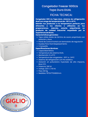 Congelador Freezer 600Lts Tapa Dura DUAL