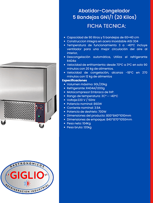 Abatidor-Congelador 5 Bandejas GN1/1 (20 Kilos)
