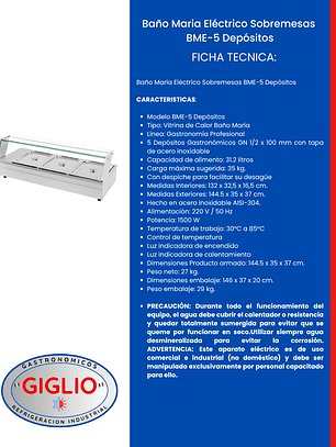 Baño Maria Eléctrico Sobremesas BME-5 Depósitos