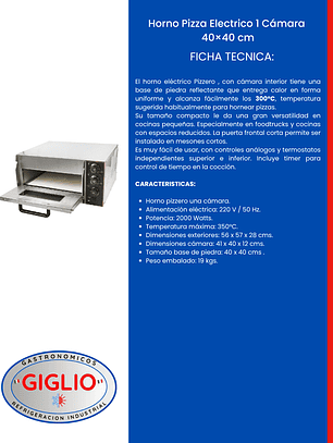 Horno Pizza Electrico 1 Cámara 40×40 cm