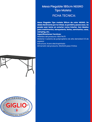 Mesa Plegable 180cm NEGRO Tipo Maleta