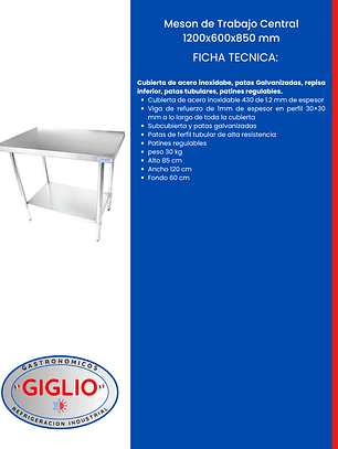 Meson de Trabajo Central 1200×600×850 mm
