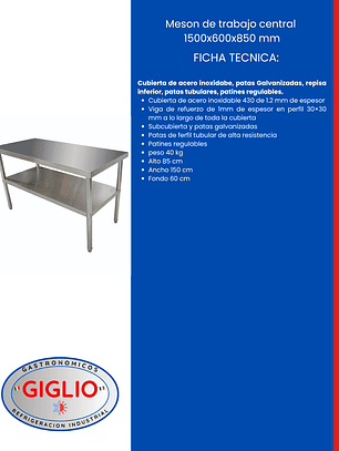 Meson de trabajo central 1500×600×850 mm