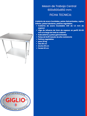 Meson de Trabajo Central 600×600×850 mm