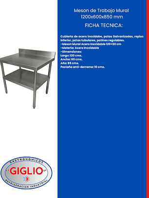 Meson de Trabajo Mural 1200×600×850 mm