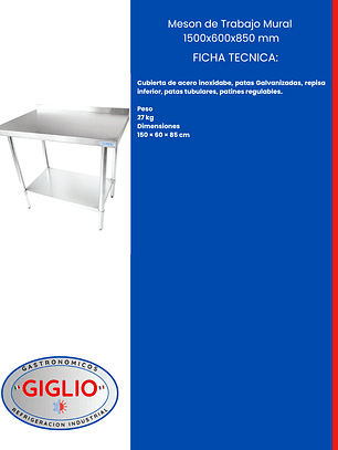 Meson de Trabajo Mural 1500×600×850 mm
