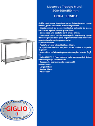 Meson de Trabajo Mural 1800×600×850 mm