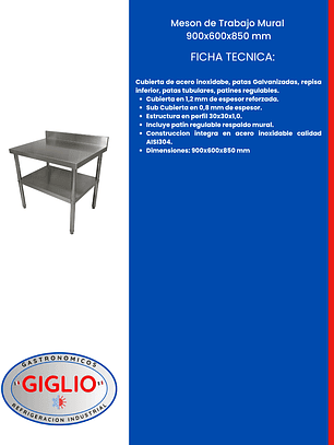 Meson de Trabajo Mural 900×600×850 mm