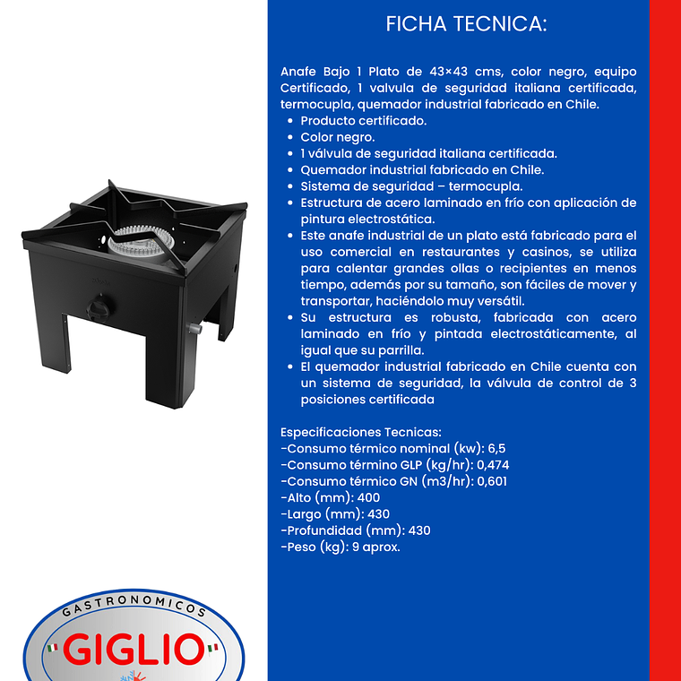 Anafe 1 Plato bajo 43×43 2