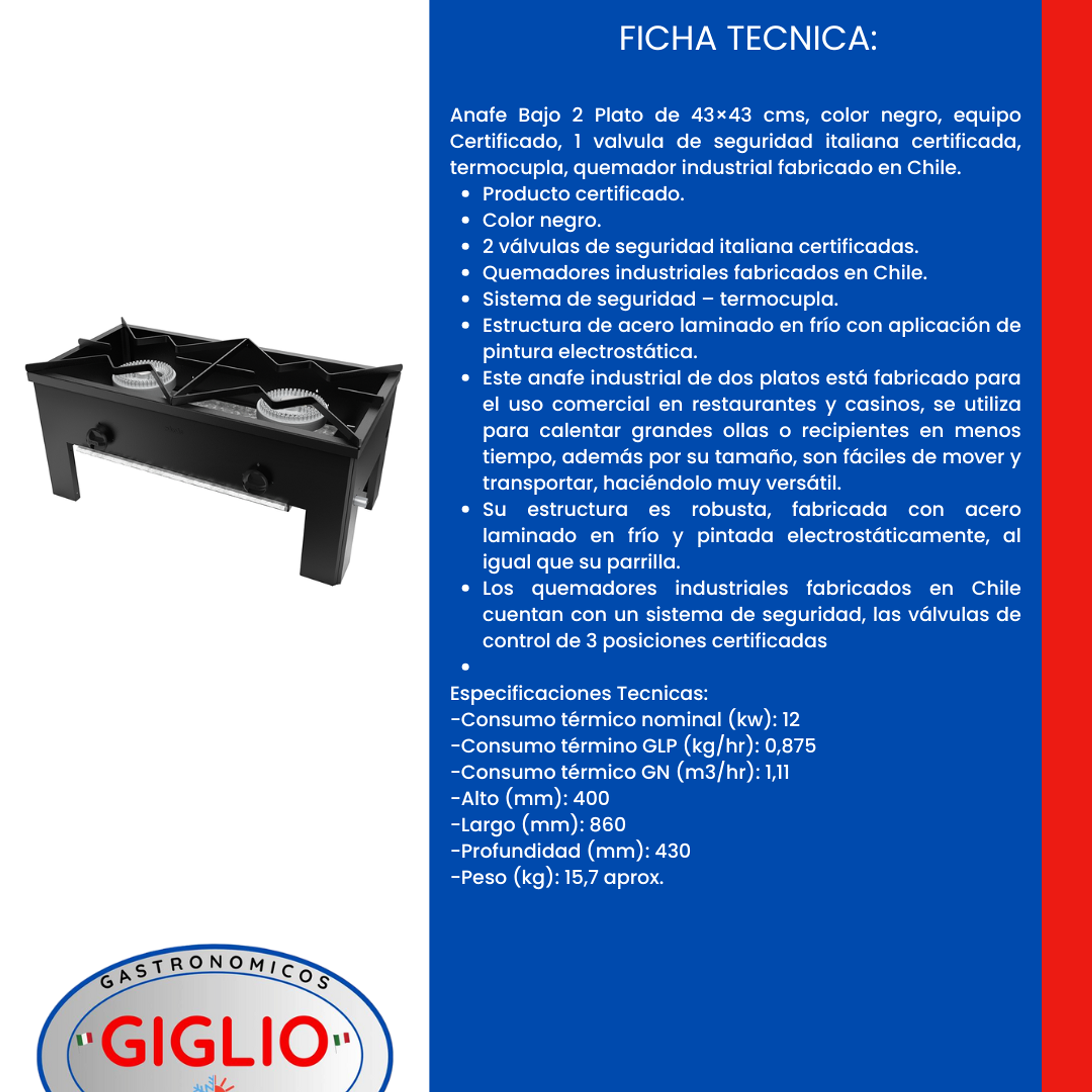 Anafe 2 plato bajo 43 × 43 2