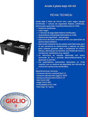 Anafe 2 plato bajo 43 × 43