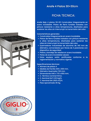 Anafe 4 Platos 30×30cm