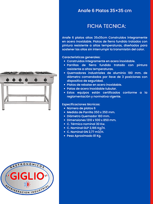 Anafe 6 Platos 35×35 cm