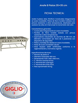 Anafe 8 Platos 35×35 cm