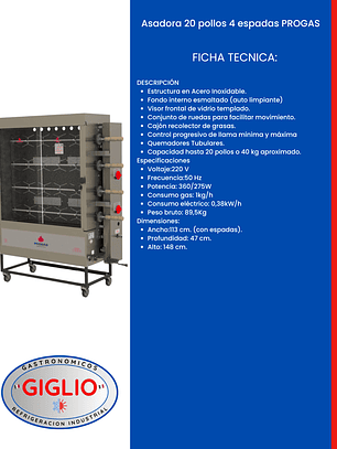 Asadora 20 pollos 4 espadas PROGAS