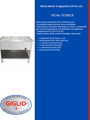 Baño Maria 3 depositos 20 Its c/u