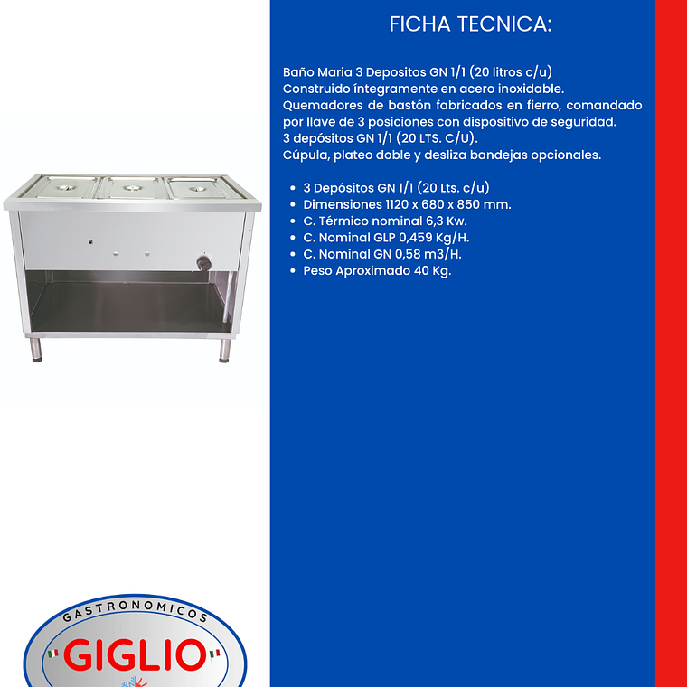 Baño Maria 3 depositos 20 Its c/u 2