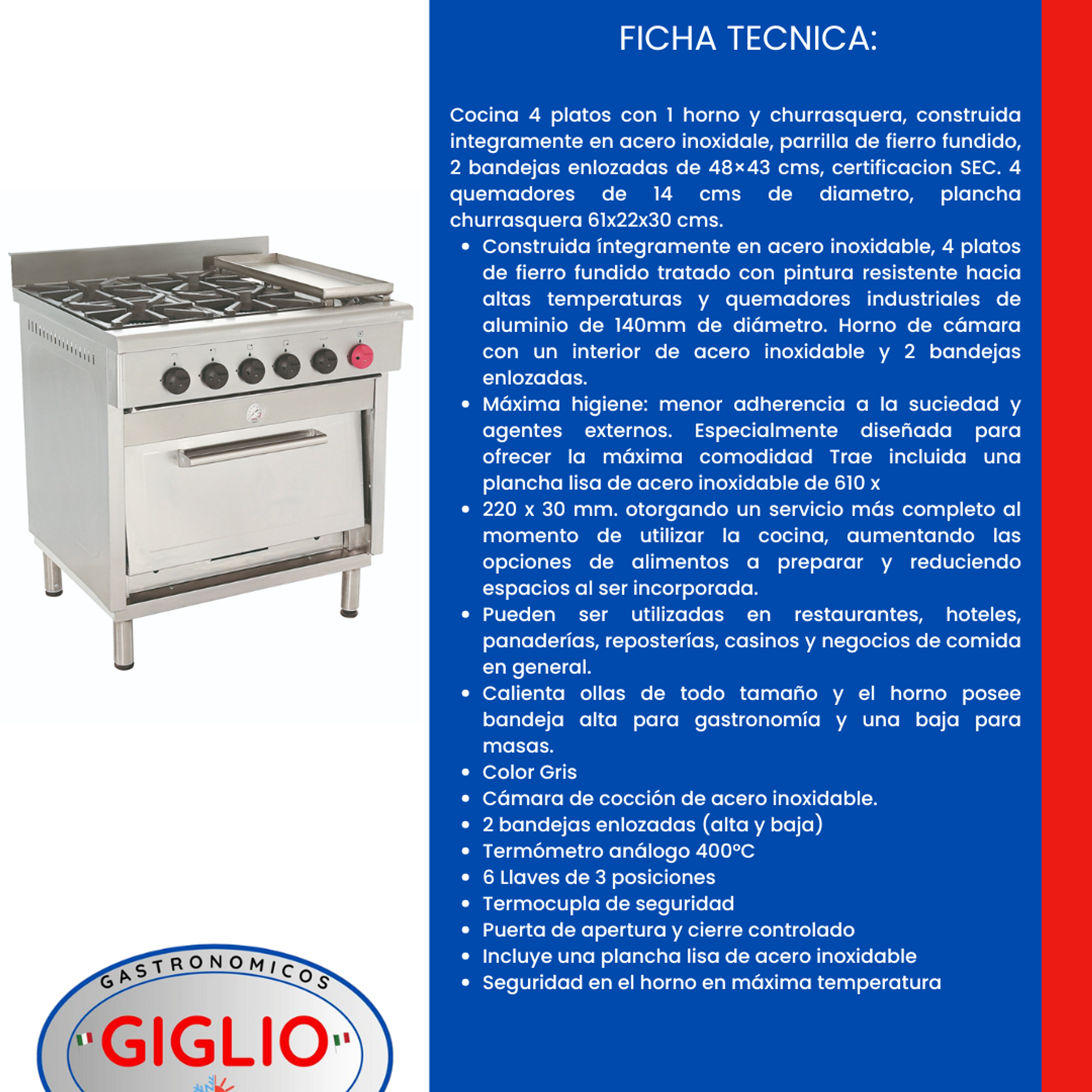Cocina 4 platos 1 horno 1 churrasquera 2