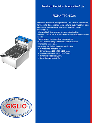 Freidora Electrica 1 deposito 6 Lts