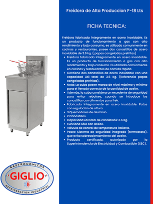 Freidora de Alta Produccion F-18 Lts