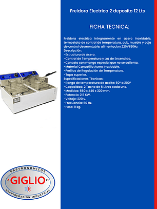 Freidora Electrica 2 deposito 12 Lts