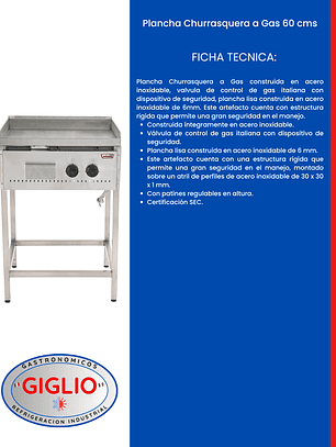 Plancha Churrasquera a Gas 60 cms