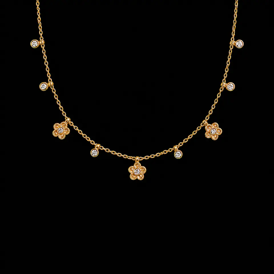 Collar dorado con flores y brillos modelo Rosie 1