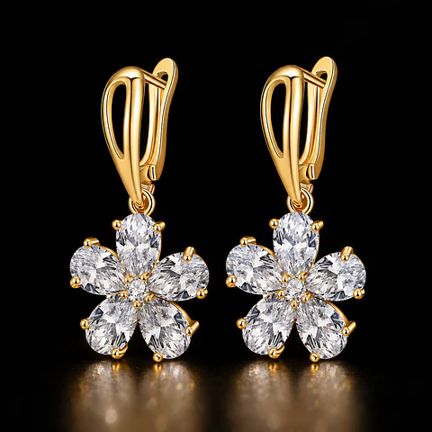 Aros Flor con Cristales para Fiesta bañados en oro modelo  Emma