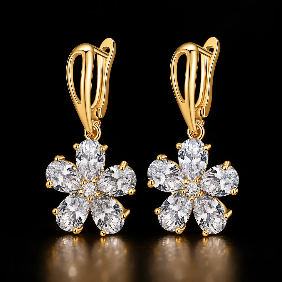 Aros Flor con Cristales para Fiesta bañados en oro modelo  Emma 1