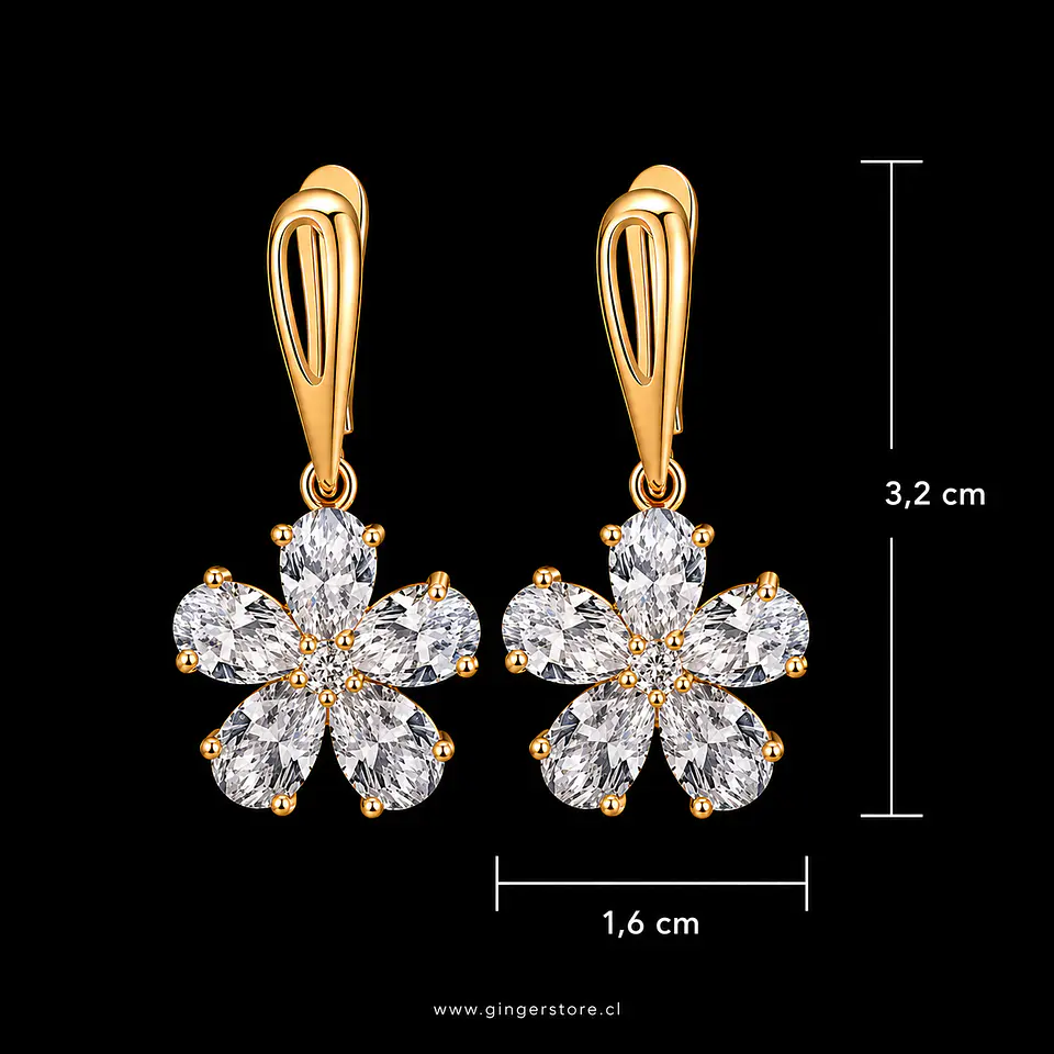 Aros Flor con Cristales para Fiesta bañados en oro modelo  Emma 2
