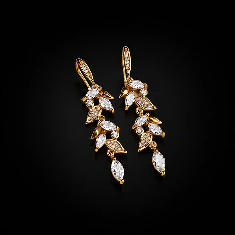 Aros dorados largos tipo espiga livianos y brillantes para fiesta modelo Anya