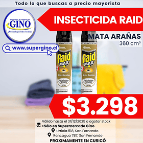 INSECTICIDA RAID MAX MATA ARAÑAS S/OLOR 360cm.(12)