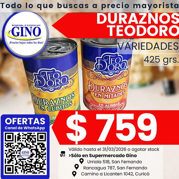 DURAZNOS TEODORO CUBITOS 425grs.   (24)           