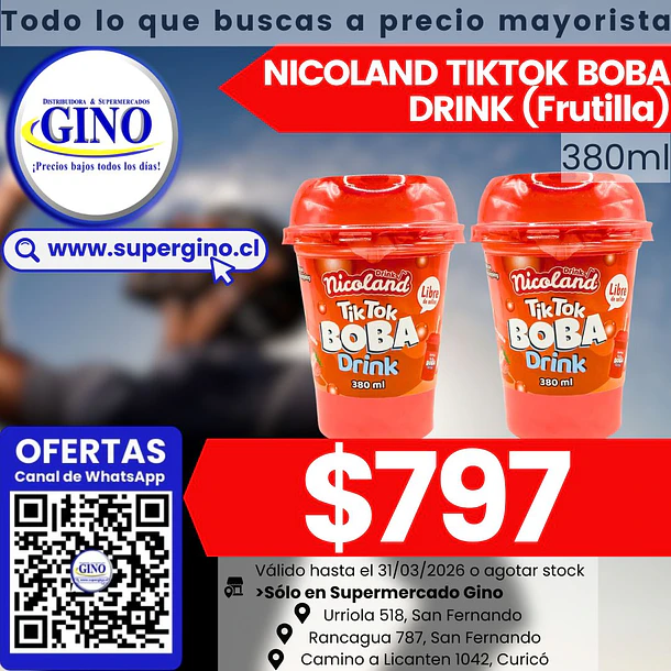 NICOLAND TIKTOK BOBA DRINK FRUTILLA 380ml.   (24)  1