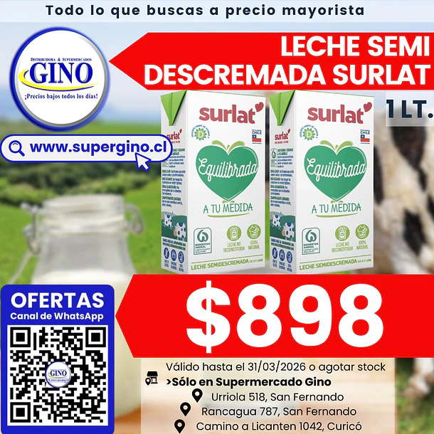 LECHE SURLAT SEMIDESCREMADA 1 LITRO (12)           1