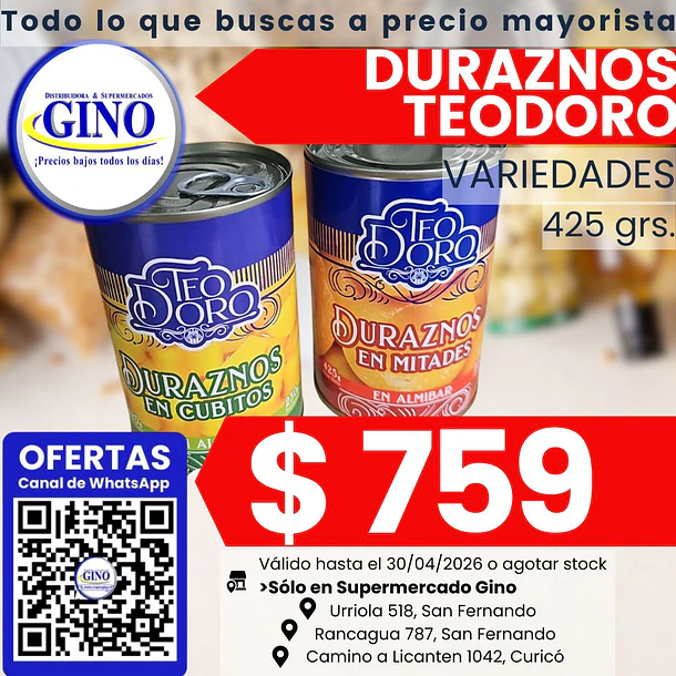 DURAZNOS TEODORO CUBITOS 425grs.   (24)           