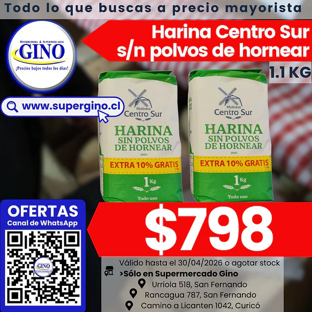 HARINA CENTRO SUR S/POLVO 1 KILO (DP.x 10u)        1