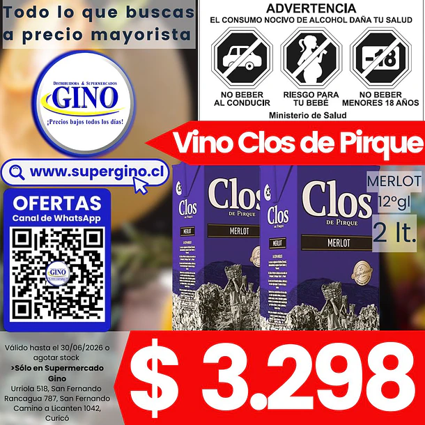 VINO CLOS DE PIRQUE MERLOT 2lts.12ª G.L(DP X 6)    1