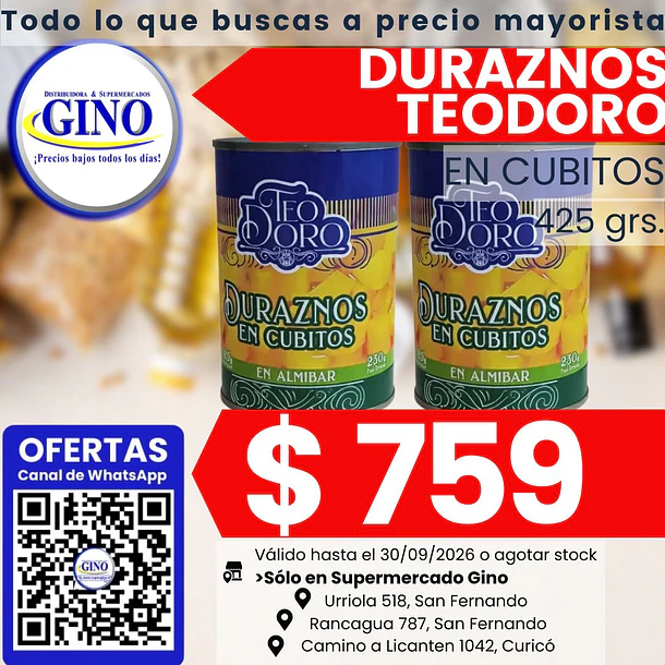 DURAZNOS TEODORO CUBITOS 425grs.   (24)            1