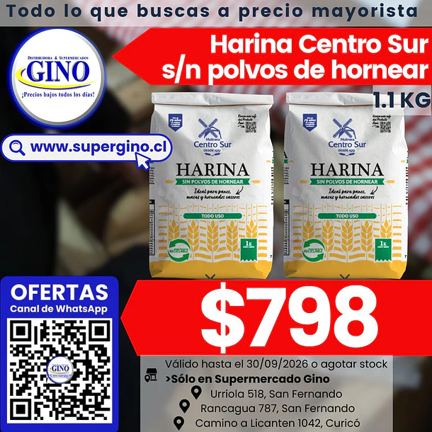 HARINA CENTRO SUR S/POLVO 1 KILO (DP.x 10u)        1