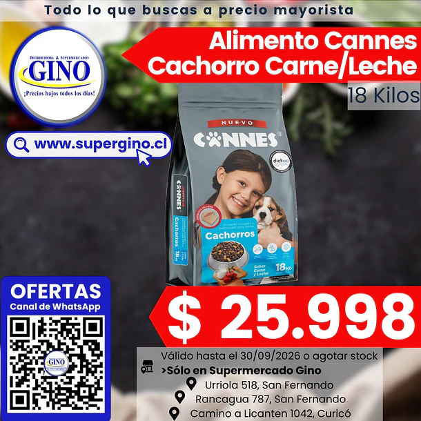 ALIM. PERRO CANNES CACHORRO CARNE LECHE 18 KILOS   1