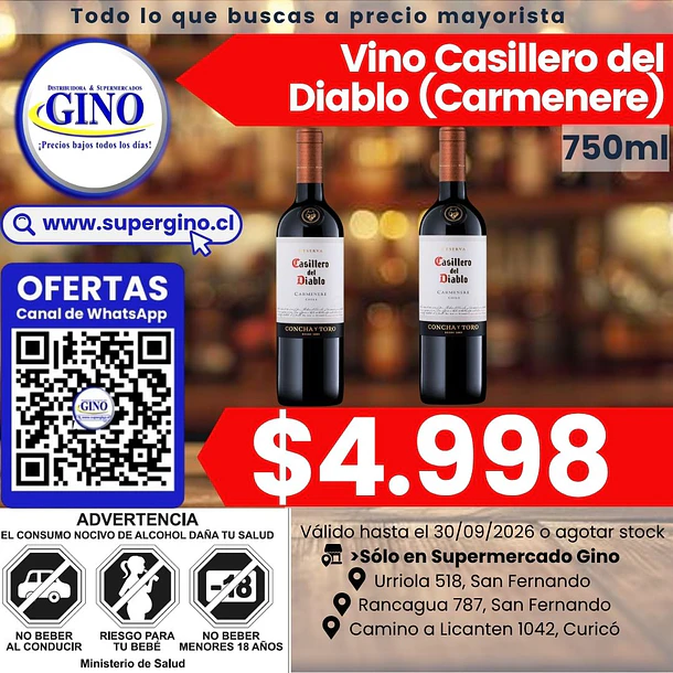 VINO CASILLERO RESER.BOT.CARMENE.750cc.13.5ºG.L(12 1