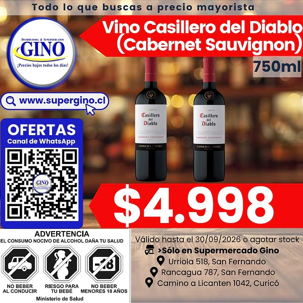 VINO CASILLERO RESER.BOT.C.SAUV.750cc.13.5ºG.L(12  1