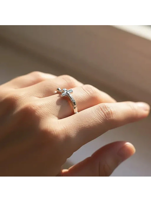 Anillo Rosario Denario Plata Genuina Ley 925 Con Crucifijo 15
