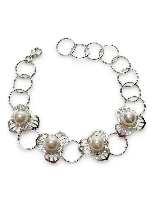 Pulsera Plateada Con Flores De Filigrana Y Perlas De Plat 1