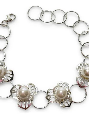 Pulsera Plateada Con Flores De Filigrana Y Perlas De Plat