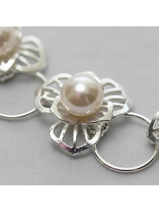 Pulsera Plateada Con Flores De Filigrana Y Perlas De Plat 2