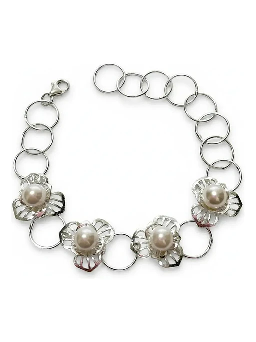 Pulsera Plateada Con Flores De Filigrana Y Perlas De Plat 3