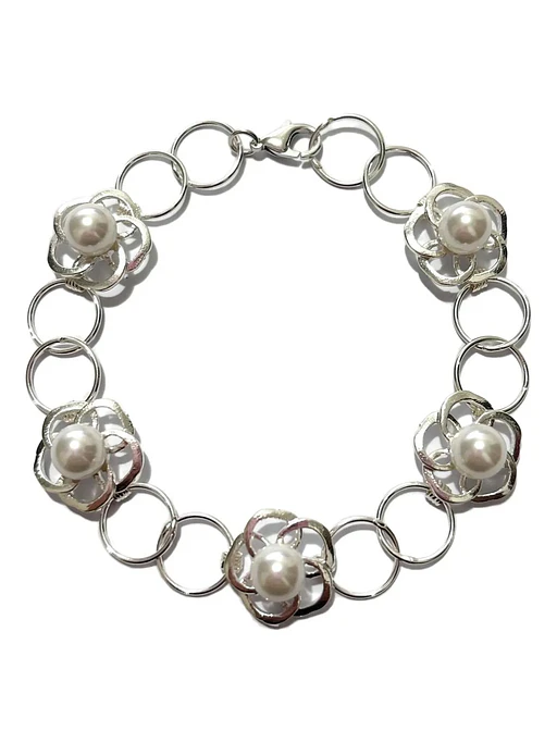Pulsera De Flores Y Perlas De Plata Genuina Ley 925 1