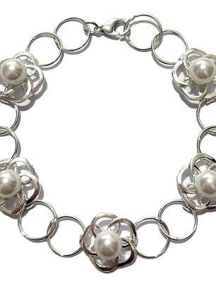 Pulsera De Flores Y Perlas De Plata Genuina Ley 925
